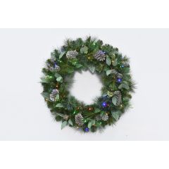 32" Prelit (Battery Operated) Mixed Pine Wreath Pine Cones, 6 hour Timer, Dual Lights White or Colored