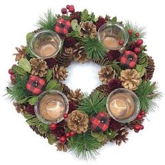 12.5" X 12.5" X 3.5" Pine Cone Wreath w/ 4 Glass Cups & Buffalo Plaid - Green / Brown / Red / Black