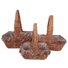 S / 3 Rattan Baskets Silver Pine Cones W Liner