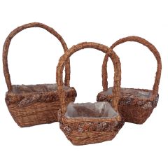 S / 3 Rattan Baskets Silver Pinecones W Liner