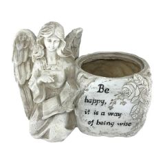 9" X 5" X 6.75" Resin Angel Kneeling Planter "Be Happy It Is A Way Of Being Wise"