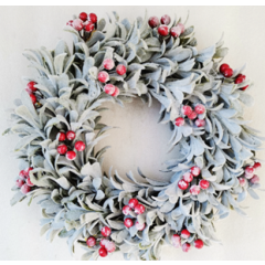 22" Wreath-Flocked Lambs Ear W/Red Berries -