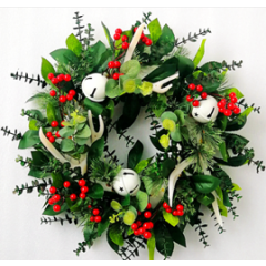 24" Wreath W/Bells/Euc/Berries Deer Horns -